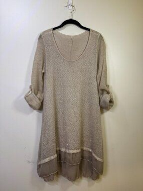 Taupe Sequin Knit Tunic Top Sheer Hem